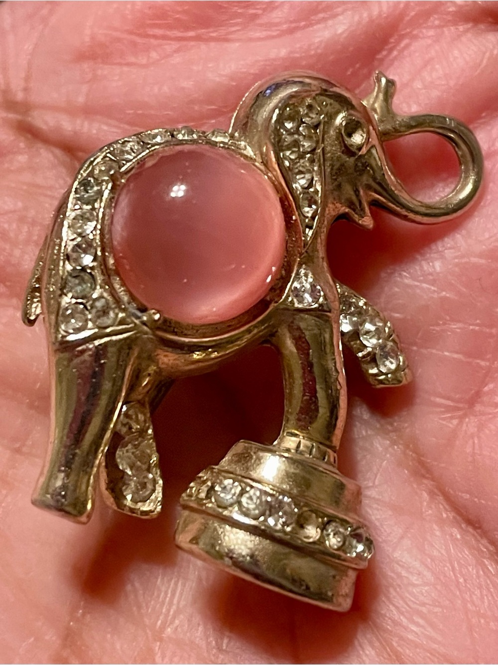 Silver-Tone Elephant Brooch with Pink Cabochon and Clear Crystals